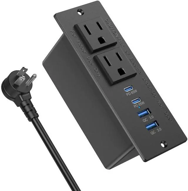 Main image of Recessed Power Strip Fast Charging Station 2 PD 65W USB C, Flush Mount Countertop Drawer Outlet, Furniture Hidden Charging Station for Side Table, End Table,2 AC Outlets (Black, 6 FT Cable)
