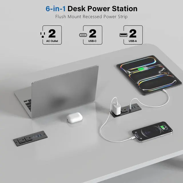 Alt view image 3 of 6 - Recessed Power Strip Fast Charging Station 2 PD 65W USB C, Flush Mount Countertop Drawer Outlet, Furniture Hidden Charging Station for Side Table, End Table,2 AC Outlets (Black, 6 FT Cable)