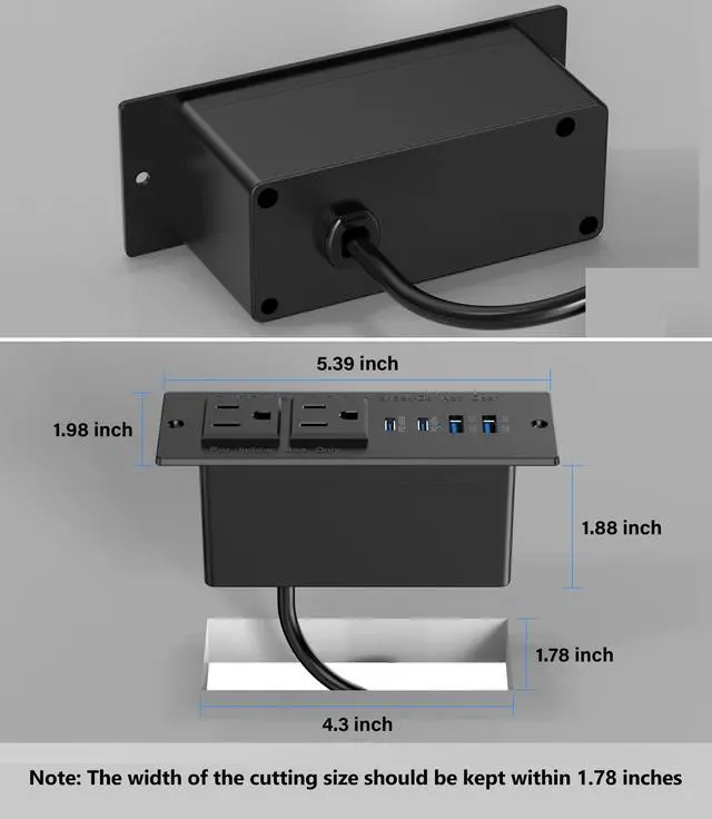 Alt view image 4 of 6 - Recessed Power Strip Fast Charging Station 2 PD 65W USB C, Flush Mount Countertop Drawer Outlet, Furniture Hidden Charging Station for Side Table, End Table,2 AC Outlets (Black, 6 FT Cable)