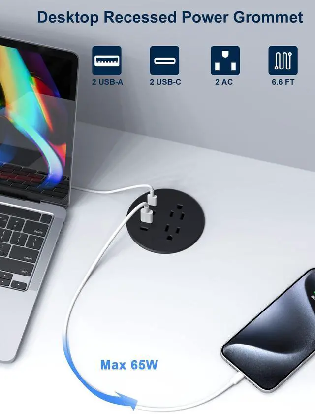 Alt view image 2 of 6 - Recessed Power Grommet 3 inch With 65W USB C Ports 2 AC Outlets,Recessed Outlet Fast Charging Station,Desk Hole Grommet Outlets,Round Desktop Power Grommet Outlet for Office,Home (Black, 65W USB Port)