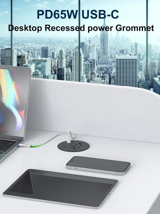 Alt view image 3 of 6 - Recessed Power Grommet 3 inch With 65W USB C Ports 2 AC Outlets,Recessed Outlet Fast Charging Station,Desk Hole Grommet Outlets,Round Desktop Power Grommet Outlet for Office,Home (Black, 65W USB Port)