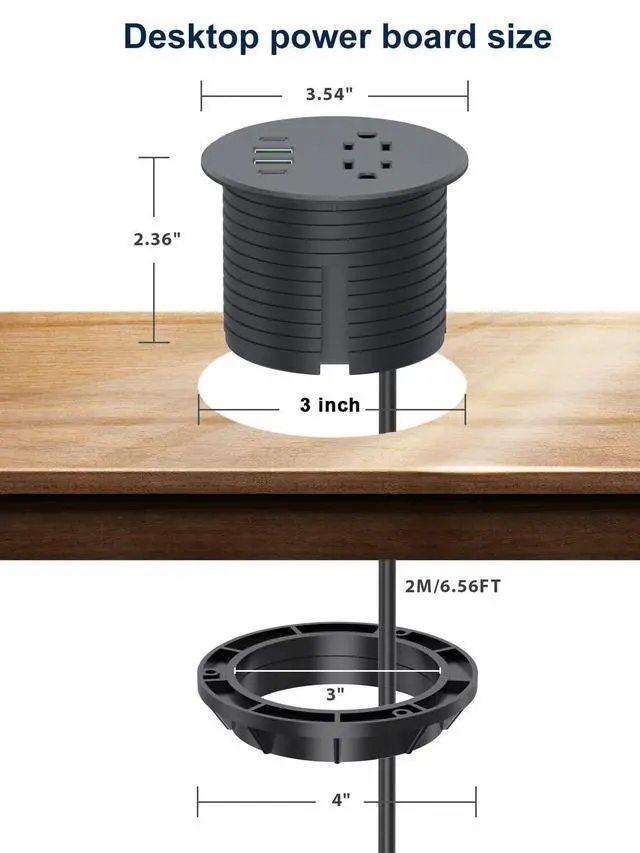 Alt view image 5 of 6 - Recessed Power Grommet 3 inch With 65W USB C Ports 2 AC Outlets,Recessed Outlet Fast Charging Station,Desk Hole Grommet Outlets,Round Desktop Power Grommet Outlet for Office,Home (Black, 65W USB Port)