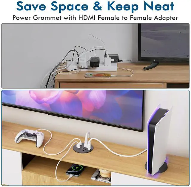 Alt view image 2 of 7 - Desk Power Grommet with 35W USB C Fast Charging, 3 Inch Desktop Recessed Outlet with 4 USB Ports, HDMI Ports, Flush Mount Outlets Desk Charging Station for Conference Rooms, Office Tables, Furniture