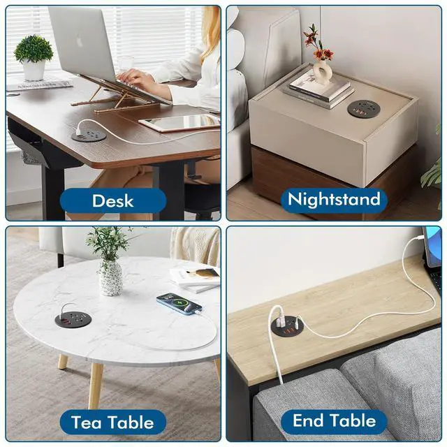 Alt view image 6 of 7 - Desk Power Grommet with 35W USB C Fast Charging, 3 Inch Desktop Recessed Outlet with 4 USB Ports, HDMI Ports, Flush Mount Outlets Desk Charging Station for Conference Rooms, Office Tables, Furniture