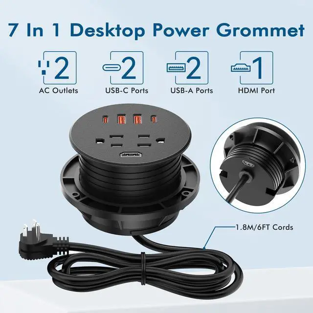 Alt view image 7 of 7 - Desk Power Grommet with 35W USB C Fast Charging, 3 Inch Desktop Recessed Outlet with 4 USB Ports, HDMI Ports, Flush Mount Outlets Desk Charging Station for Conference Rooms, Office Tables, Furniture