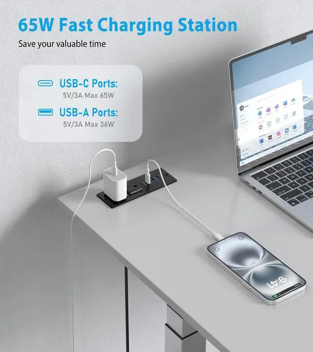 Alt view image 3 of 6 - 65W USB C Recessed Power Strip, Recessed Outlet with 4 USB Ports, Flush Mount Furniture Hidden Drawer Fast Charging Station for Home Office-6FT