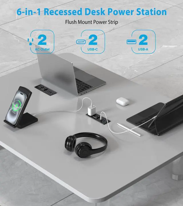 Alt view image 2 of 6 - 65W USB C Recessed Power Strip, Recessed Outlet with 4 USB Ports, Flush Mount Furniture Hidden Drawer Fast Charging Station for Home Office-6FT