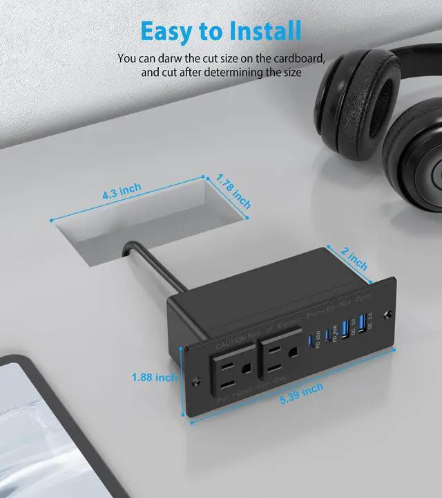 Alt view image 5 of 6 - 65W USB C Recessed Power Strip, Recessed Outlet with 4 USB Ports, Flush Mount Furniture Hidden Drawer Fast Charging Station for Home Office-6FT