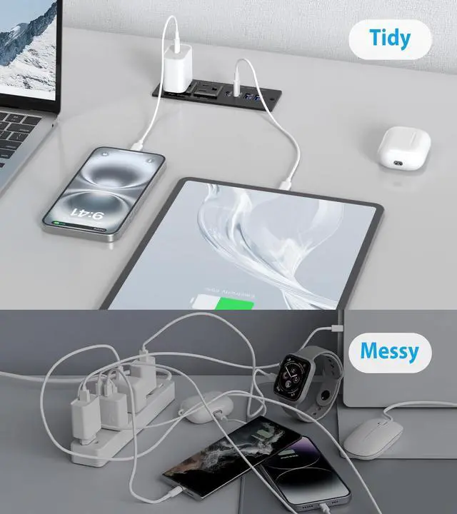 Alt view image 4 of 6 - 65W USB C Recessed Power Strip, Recessed Outlet with 4 USB Ports, Flush Mount Furniture Hidden Drawer Fast Charging Station for Home Office-6FT