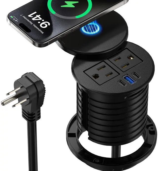 Main image of 3 Inch Desk Power Grommet with 10W Wireless Charger, 20W USB C Fast Charging Station,2 AC TR Outlets, Round Flush-Mount Recessed Power Strip for Conference Rooms, Office Tables, Furniture, 6FT Cord