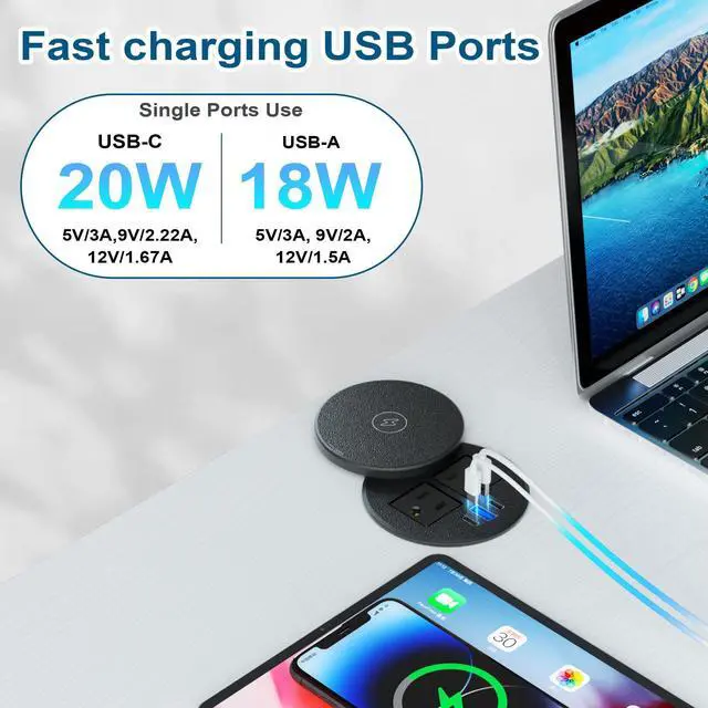 Alt view image 2 of 6 - 3 Inch Desk Power Grommet with 10W Wireless Charger, 20W USB C Fast Charging Station,2 AC TR Outlets, Round Flush-Mount Recessed Power Strip for Conference Rooms, Office Tables, Furniture, 6FT Cord