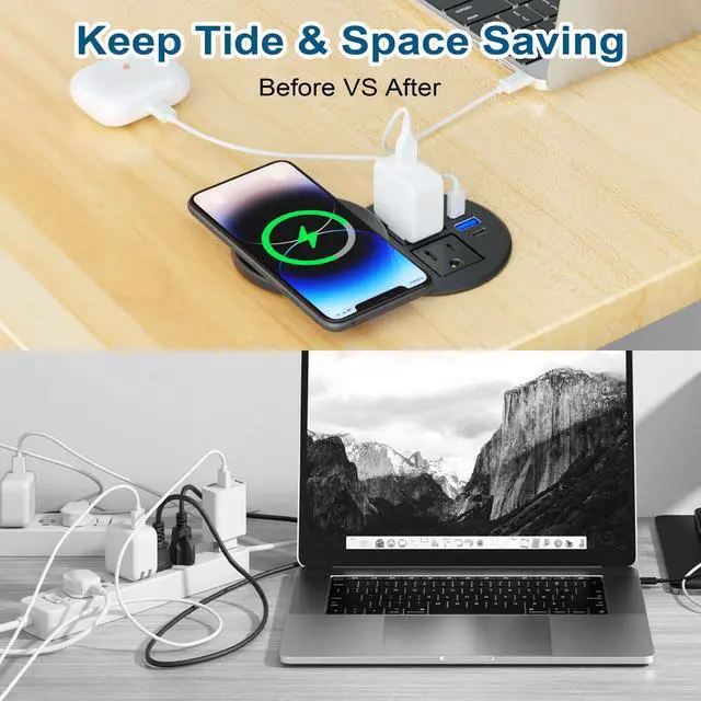 Alt view image 3 of 6 - 3 Inch Desk Power Grommet with 10W Wireless Charger, 20W USB C Fast Charging Station,2 AC TR Outlets, Round Flush-Mount Recessed Power Strip for Conference Rooms, Office Tables, Furniture, 6FT Cord