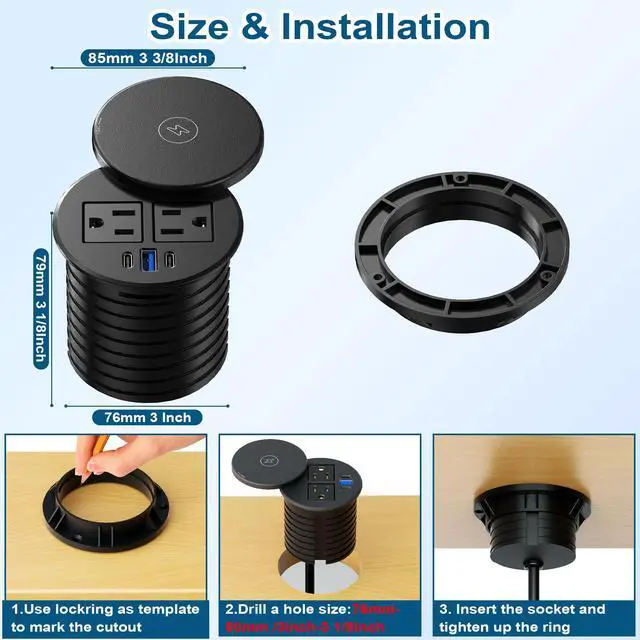 Alt view image 4 of 6 - 3 Inch Desk Power Grommet with 10W Wireless Charger, 20W USB C Fast Charging Station,2 AC TR Outlets, Round Flush-Mount Recessed Power Strip for Conference Rooms, Office Tables, Furniture, 6FT Cord