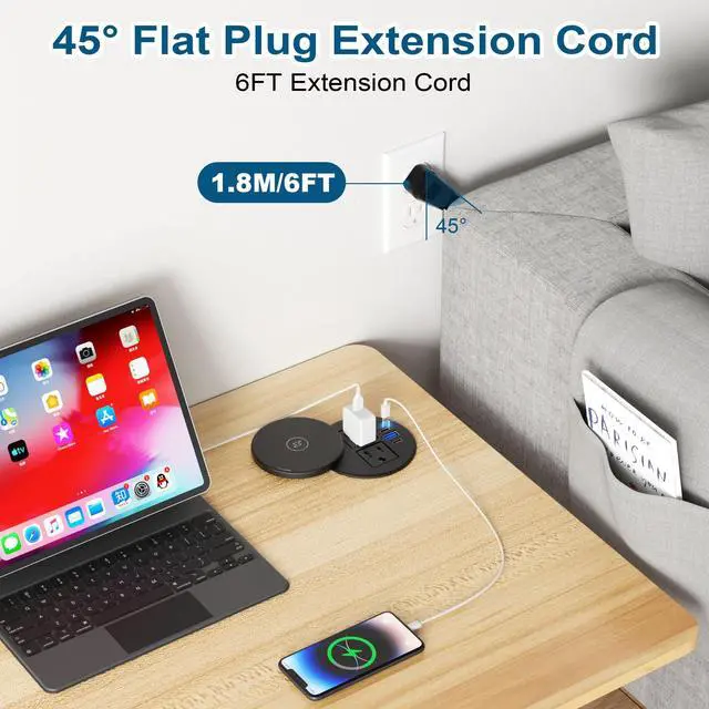 Alt view image 5 of 6 - 3 Inch Desk Power Grommet with 10W Wireless Charger, 20W USB C Fast Charging Station,2 AC TR Outlets, Round Flush-Mount Recessed Power Strip for Conference Rooms, Office Tables, Furniture, 6FT Cord