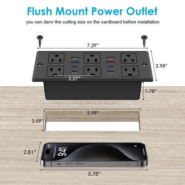 Alt view image 2 of 7 - 30W Recessed Power Strip USB C, Desk Flush Mount Outlet Plug in 6 AC & 8 USB Ports for Furniture Conference Power Hub, 6FT