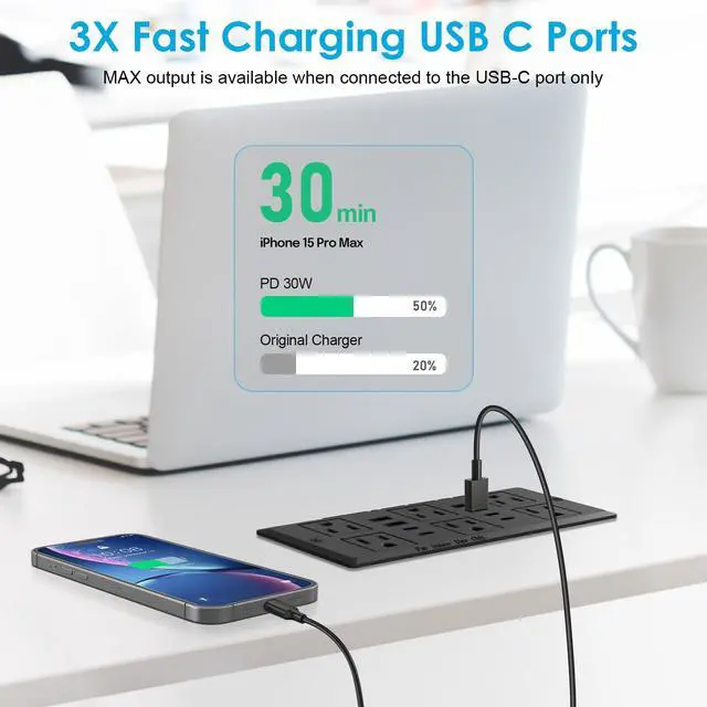 Alt view image 4 of 7 - 30W Recessed Power Strip USB C, Desk Flush Mount Outlet Plug in 6 AC & 8 USB Ports for Furniture Conference Power Hub, 6FT
