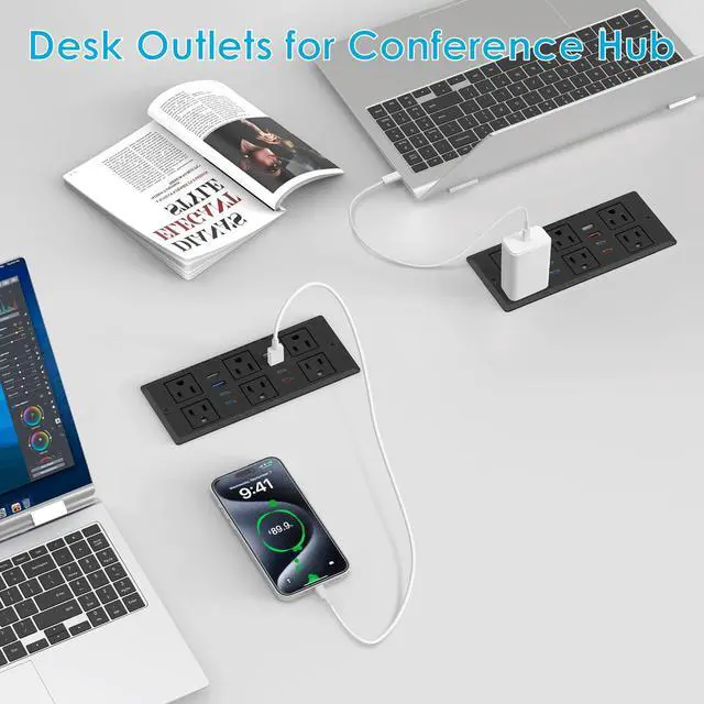 Alt view image 6 of 7 - 30W Recessed Power Strip USB C, Desk Flush Mount Outlet Plug in 6 AC & 8 USB Ports for Furniture Conference Power Hub, 6FT