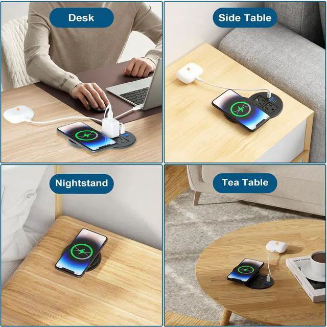 Alt view image 6 of 6 - 3 Inch Desk Power Grommet with 10W Wireless Charger, 20W USB C Fast Charging Station,2 AC TR Outlets, Round Flush-Mount Recessed Power Strip for Conference Rooms, Office Tables, Furniture, 6FT Cord