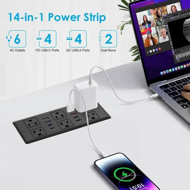 Alt view image 3 of 7 - 30W Recessed Power Strip USB C, Desk Flush Mount Outlet Plug in 6 AC & 8 USB Ports for Furniture Conference Power Hub, 6FT