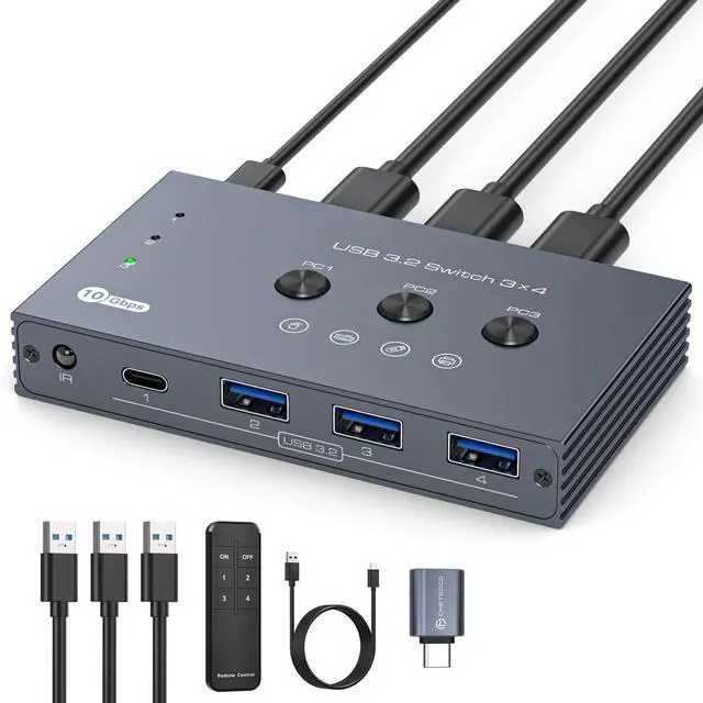 Main image of USB 3.2 Switch 3 Computers Sharing 3*USB A & 1*USB C Port 10Gbps USB Switch Selector Sharing Keyboard Mouse Printer Scanner with 3 USB A Input Cable and IR Remote Control