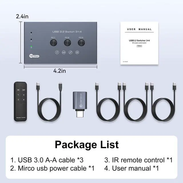Alt view image 7 of 7 - USB 3.2 Switch 3 Computers Sharing 3*USB A & 1*USB C Port 10Gbps USB Switch Selector Sharing Keyboard Mouse Printer Scanner with 3 USB A Input Cable and IR Remote Control