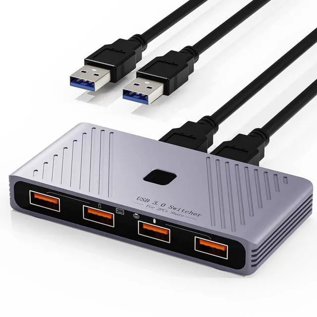 Main image of USB 3.0 Switch, 2 Computers Sharing 4 USB Devices, One-Button Switcher for Keyboard Mouse Printer Scanner, USB Peripheral Sharing Hub for PC Laptop with 2 USB 3.0 Cables, Aluminum Alloy Case