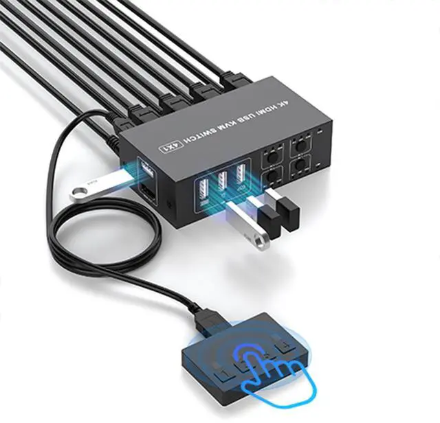 Main image of 4K@60Hz HDMI KVM Switch 4 Computers with 4 USB 2.0 Ports KVM Switches Share One Monitor Keyboard Mouse Hard Drives Printer with 4 USB Cables and Desktop Controller Plug and Play