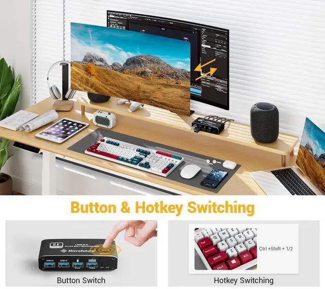 Alt view image 4 of 7 - 8K@60Hz KVM Switch 2X1, HDMI 2.1 for 1 Monitor 2 Computers, 4 USB3.0 Devices, USB C Selector With Hotkey, Supports 4K@120Hz, 2K@144Hz, 1080P@240Hz (2 USB 3.0 Cable Included)