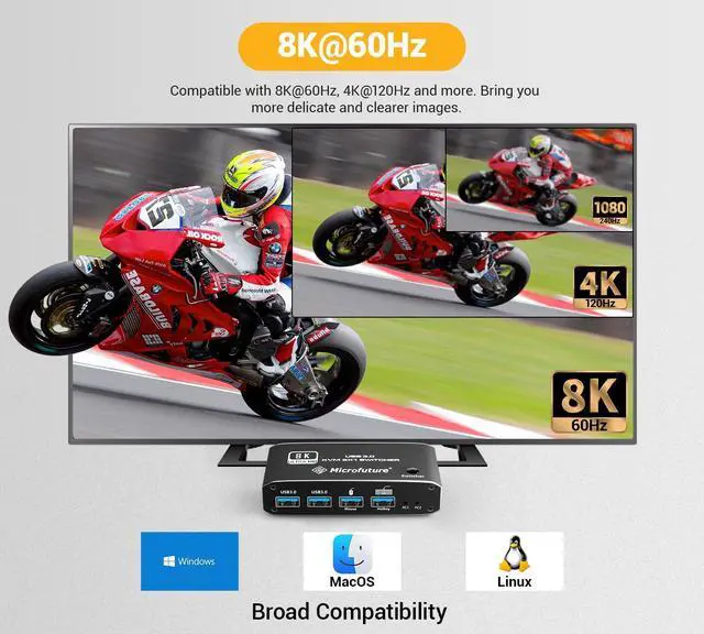 Alt view image 6 of 7 - 8K@60Hz KVM Switch 2X1, HDMI 2.1 for 1 Monitor 2 Computers, 4 USB3.0 Devices, USB C Selector With Hotkey, Supports 4K@120Hz, 2K@144Hz, 1080P@240Hz (2 USB 3.0 Cable Included)