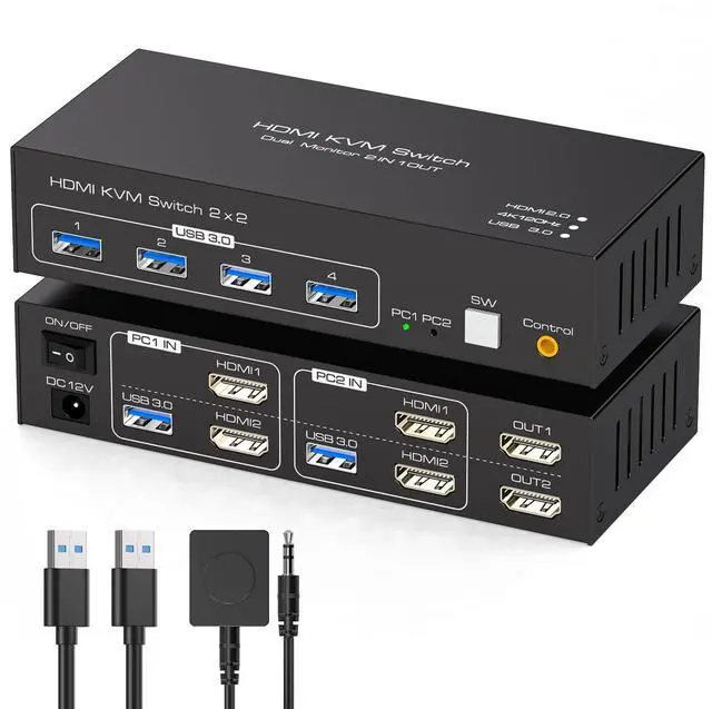 Main image of 4K@120Hz KVM Switch 2 Monitors 2 Computers 8K@60Hz HDMI KVM Switch Share Dual Monitor and 4 USB Devices Support Extended/Copy Mode with USB 3.0 Cables and Extended Controller
