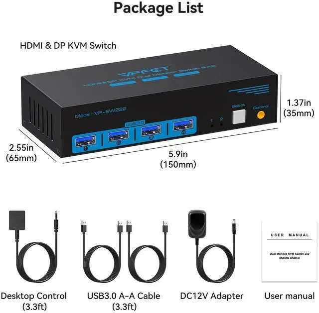Alt view image 7 of 7 - 4K@120Hz Kvm Switch 2 Monitors 2 Computers 8K@60Hz HDMI Displayport Dual Monitor KVM Switches 2 Ports for 2 PC Share Mouse Keyboard and 2 Screens with USB 3.0 Cables and Extended Controller
