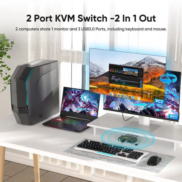 Alt view image 2 of 7 - 8K HDMI KVM Switch 2 Computers 1 Monitor,USB3.0 8K@60HZ 2 Port kvm Switcher for 2 PC/Laptop to Share Keyboard&Mouse,Remoto Control,EDID Supported