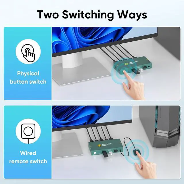 Alt view image 5 of 7 - 8K HDMI KVM Switch 2 Computers 1 Monitor,USB3.0 8K@60HZ 2 Port kvm Switcher for 2 PC/Laptop to Share Keyboard&Mouse,Remoto Control,EDID Supported