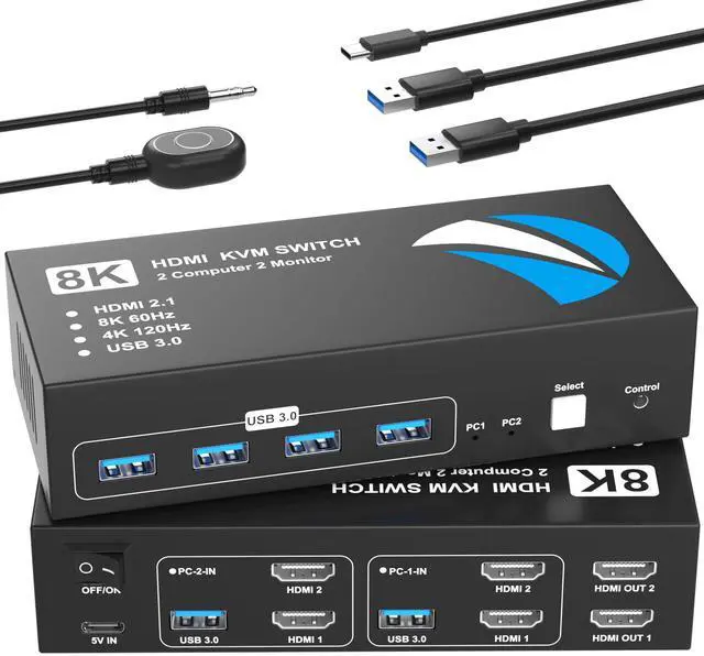 Main image of 8K@60Hz KVM Switch 2 Monitors 2 Computers HDMI, 4K@120Hz KVM Switches Dual Monitor with 4 USB 3.0 Ports Sharing Keyboard Mouse Printer, Monitors Switch for 2 Computers, HDMI Switcher 2 in 2 Out