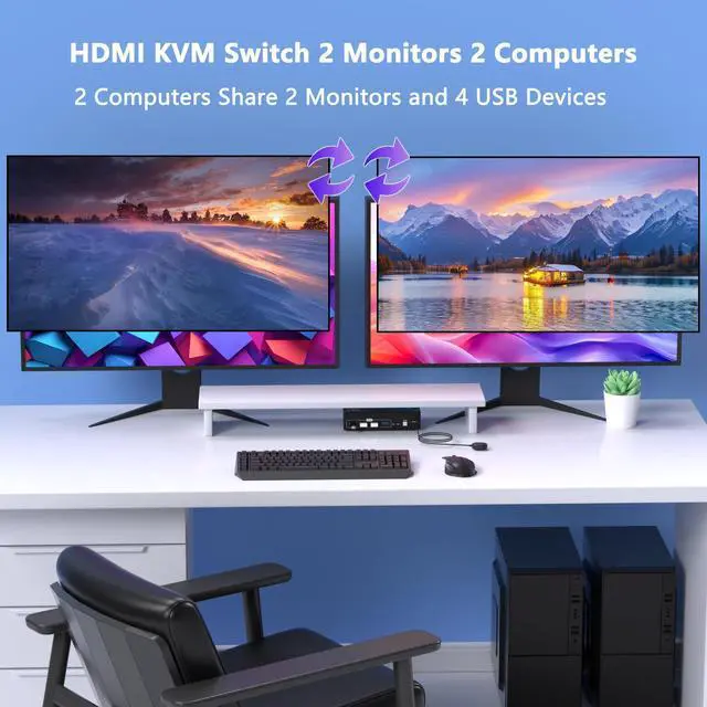 Alt view image 2 of 6 - 8K@60Hz KVM Switch 2 Monitors 2 Computers HDMI, 4K@120Hz KVM Switches Dual Monitor with 4 USB 3.0 Ports Sharing Keyboard Mouse Printer, Monitors Switch for 2 Computers, HDMI Switcher 2 in 2 Out