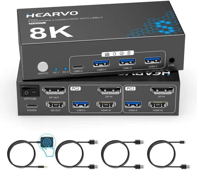 Main image of HDMI DisplayPort KVM Switch 2 Monitors 2 Computers, 8K@60Hz Dual Monitor KVM Switcher with HDMI 2.1 & DisplayPort 1.4, USB 3.0 Hub,with Controller & 2 USB Cables & EDID Adaptive -S7240PH2