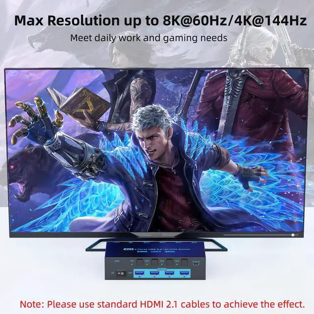 Alt view image 5 of 7 - 8K HDMI 2.1 KVM Switch 4 Computers 4 Port USB 3.0 8K@60Hz/4K@144Hz 4 In 1 Out Keyboard Mouse KVM Switches EDID Emulator for 4 PCs Share 1 Monitor and 4 USB Devices, with 4 USB 3.0 Cable & Wired Remote