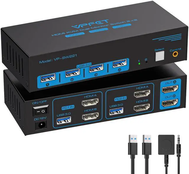 Main image of 8K HDMI KVM Switch 2 Monitors 2 Computers Dual Monitor Support 4K@120Hz KVM Switcher PC Extended Display for 2 Port Share 4 USB 3.0 HUB Desktop Controller and 2 USB Cables Included