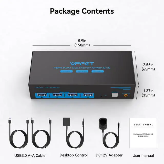 Alt view image 7 of 7 - 8K HDMI KVM Switch 2 Monitors 2 Computers Dual Monitor Support 4K@120Hz KVM Switcher PC Extended Display for 2 Port Share 4 USB 3.0 HUB Desktop Controller and 2 USB Cables Included