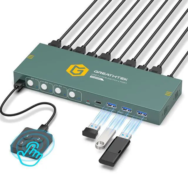 Main image of USB3.0 KVM Switch HDMI 4K@60Hz for 4 Computers Share 1 Monitor, KVM Switch 4 Port with 3 USB 3.0 Ports Share Keyboard Mouse, Support Button Switch, Plug and Play