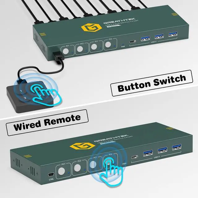 Alt view image 4 of 7 - USB3.0 KVM Switch HDMI 4K@60Hz for 4 Computers Share 1 Monitor, KVM Switch 4 Port with 3 USB 3.0 Ports Share Keyboard Mouse, Support Button Switch, Plug and Play
