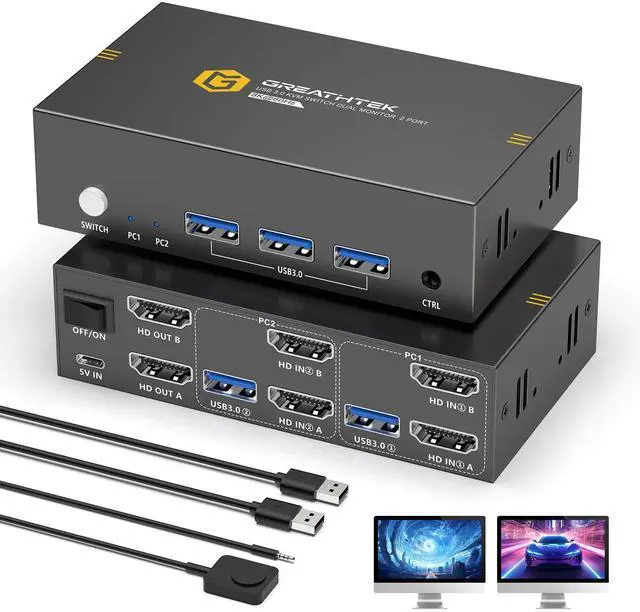 Main image of 8K HDMI KVM Switch 2 Monitors 2 Computers,8K@60HZ USB3.0 Dual Monitors KVM Switches for 2 PC/Laptops Share Mouse Keyboard and 2 Screens,with 2 USB Cables/Controller,EDID Adapative,Plug&Play