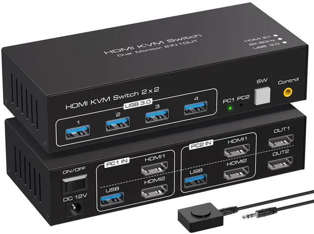 Main image of 8K 60Hz HDMI KVM Switch 2 Monitors 2 Computers Support 4K 120Hz KVM Switches for 2 PC Share Dual Monitors and 4 USB 3.0 Devices Support Copy and Extend Mode -3.6CM High