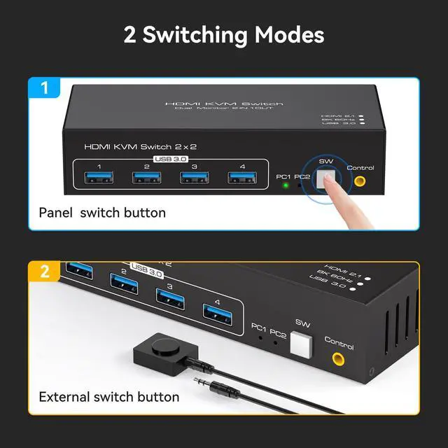 Alt view image 5 of 6 - 8K 60Hz HDMI KVM Switch 2 Monitors 2 Computers Support 4K 120Hz KVM Switches for 2 PC Share Dual Monitors and 4 USB 3.0 Devices Support Copy and Extend Mode -3.6CM High