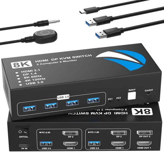 Main image of 8K@60Hz HDMI DisplayPort KVM Switch 2 Monitors 2 Computers, 4K@120Hz Dual Monitor KVM Switches HDMI DisplayPort for 2 Computers Share 2 Monitors and 4 USB Devices for Keybord Mouse Printer Hard Drive