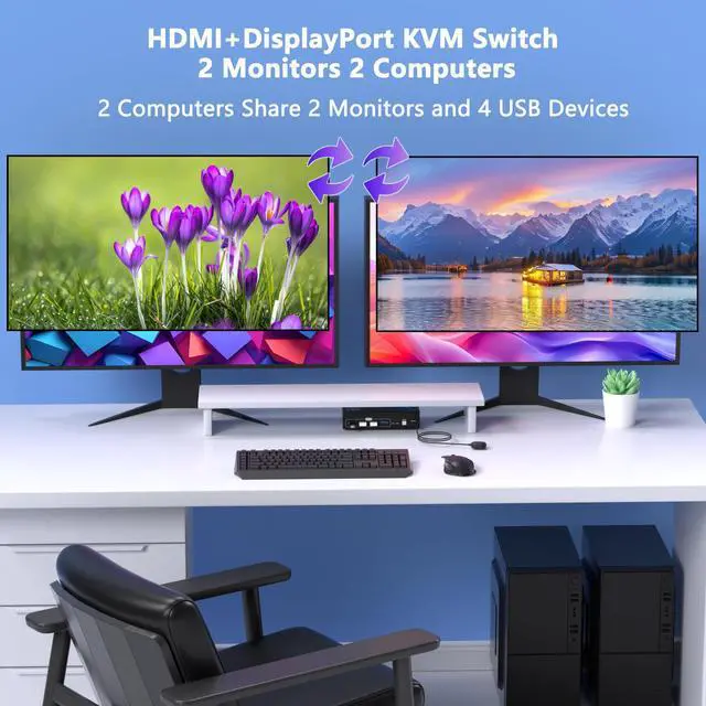 Alt view image 2 of 7 - 8K@60Hz HDMI DisplayPort KVM Switch 2 Monitors 2 Computers, 4K@120Hz Dual Monitor KVM Switches HDMI DisplayPort for 2 Computers Share 2 Monitors and 4 USB Devices for Keybord Mouse Printer Hard Drive