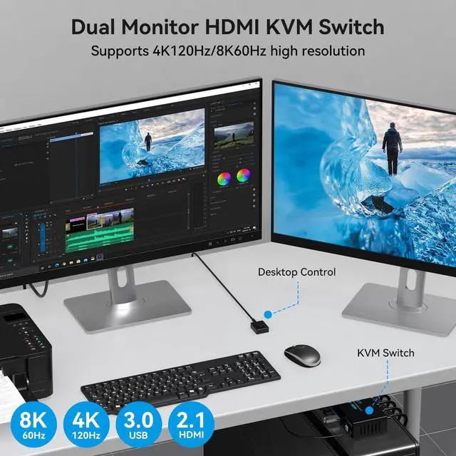 Alt view image 4 of 7 - 8K HDMI KVM Switch 2 Monitors 2 Computers Dual Monitor Support 8K@60Hz 4K@120Hz KVM Switcher PC Extended Display for 2 Port Share 4 USB 3.0 HUB Desktop Controller and 2 USB Cables Included