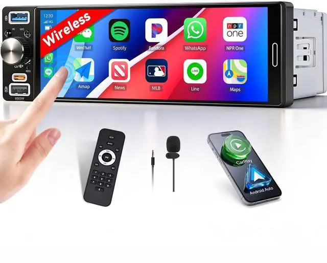 Main image of Single Din Car Stereo with Wireless Carplay Android Auto, 2026 Upgraded Bluetooth 5.2 Type-C/USB, 6.5 Inch Incell HD Touch Screen Car Radio with Waterproof Backup Camera Mirror Link FM CVBS EQ SWC+MIC