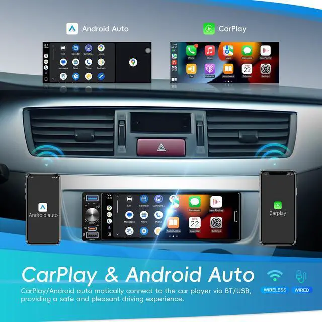 Alt view image 2 of 7 - Single Din Car Stereo with Wireless Carplay Android Auto, 2026 Upgraded Bluetooth 5.2 Type-C/USB, 6.5 Inch Incell HD Touch Screen Car Radio with Waterproof Backup Camera Mirror Link FM CVBS EQ SWC+MIC