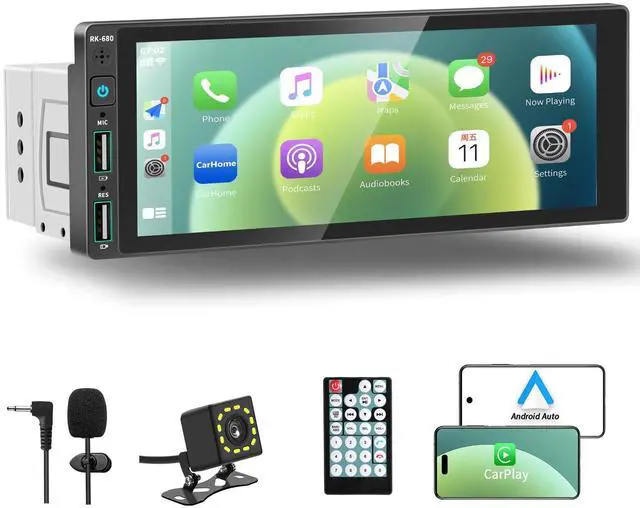 Main image of 6.9" Single Din Car Stereo with Apple CarPlay & Android Auto, Single Din Touchscreen Radio, Car Stereo with Bluetooth, Backup Camera, GPS Navigation, Mirror Link, FM/AM, EQ, USB, SWC, MIC